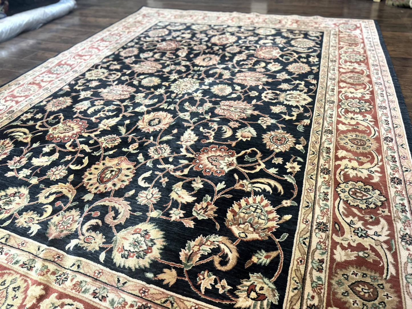 Vintage Oriental Rug 8x11, Floral Persian Design Carpet, Turkish Power Loomed Rug, Navy Blue Red Cream - Nuvé