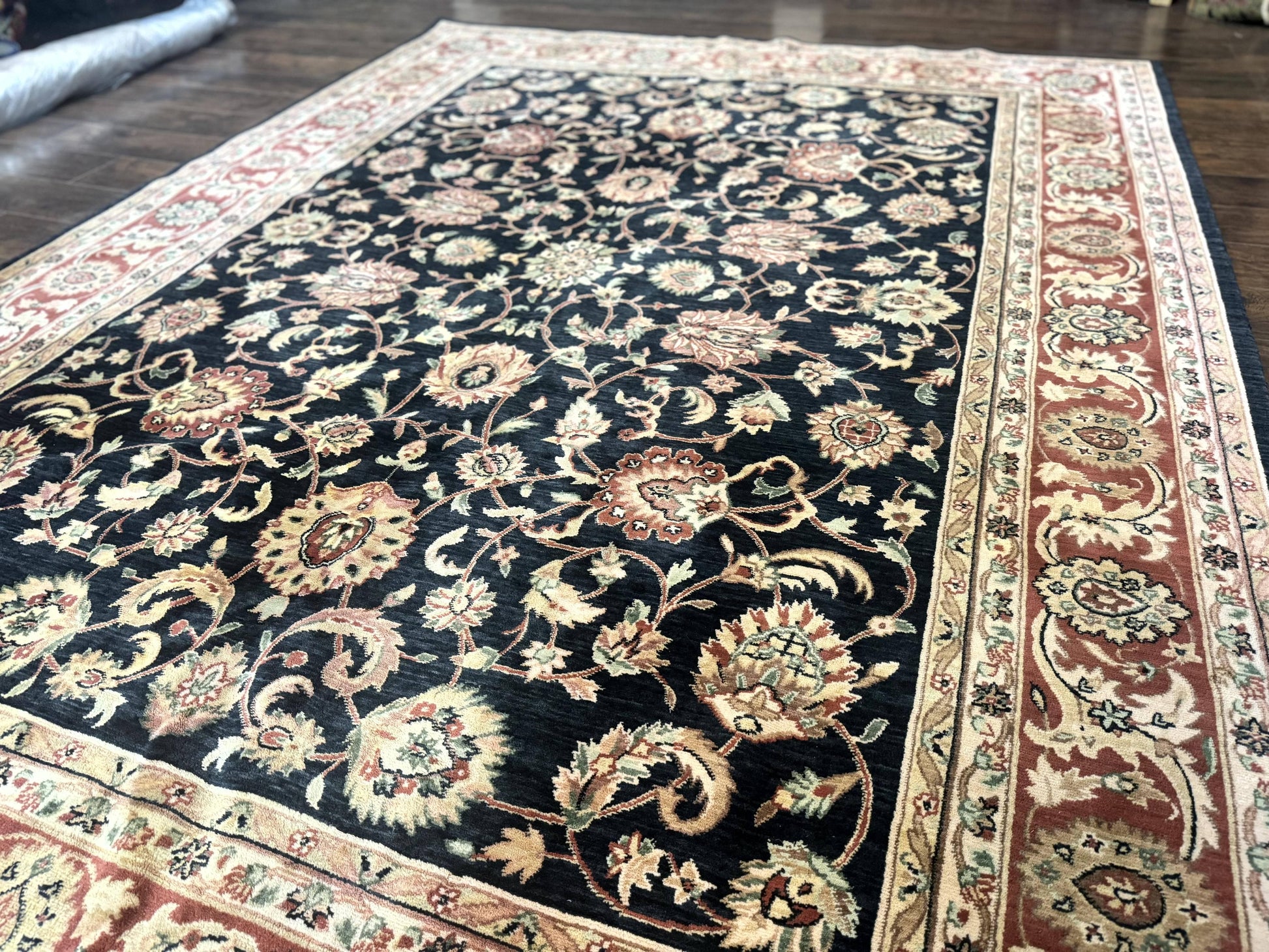 Vintage Oriental Rug 8x11, Floral Persian Design Carpet, Turkish Power Loomed Rug, Navy Blue Red Cream - Nuvé