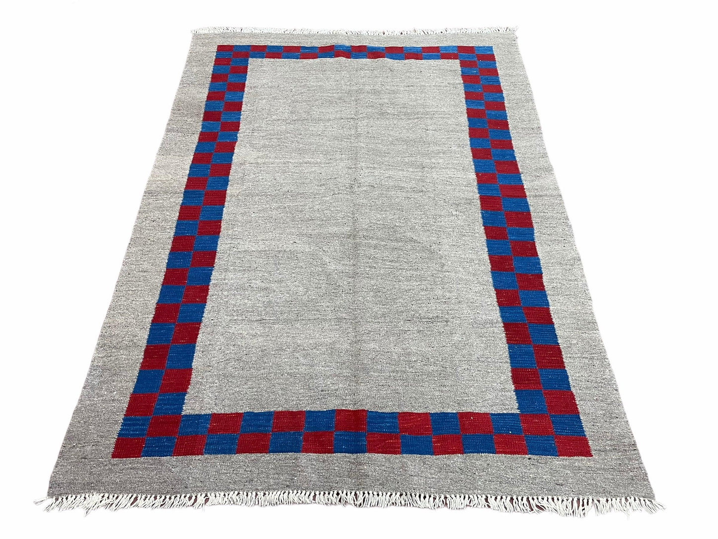 Gray Turkish Kilim Carpet 5' 7" x 7' 7", Medium Kilim Rug, Hand-Knotted, Blue & Red Border, Minimalistic Design, Geometric, Wool, New - Nuvé