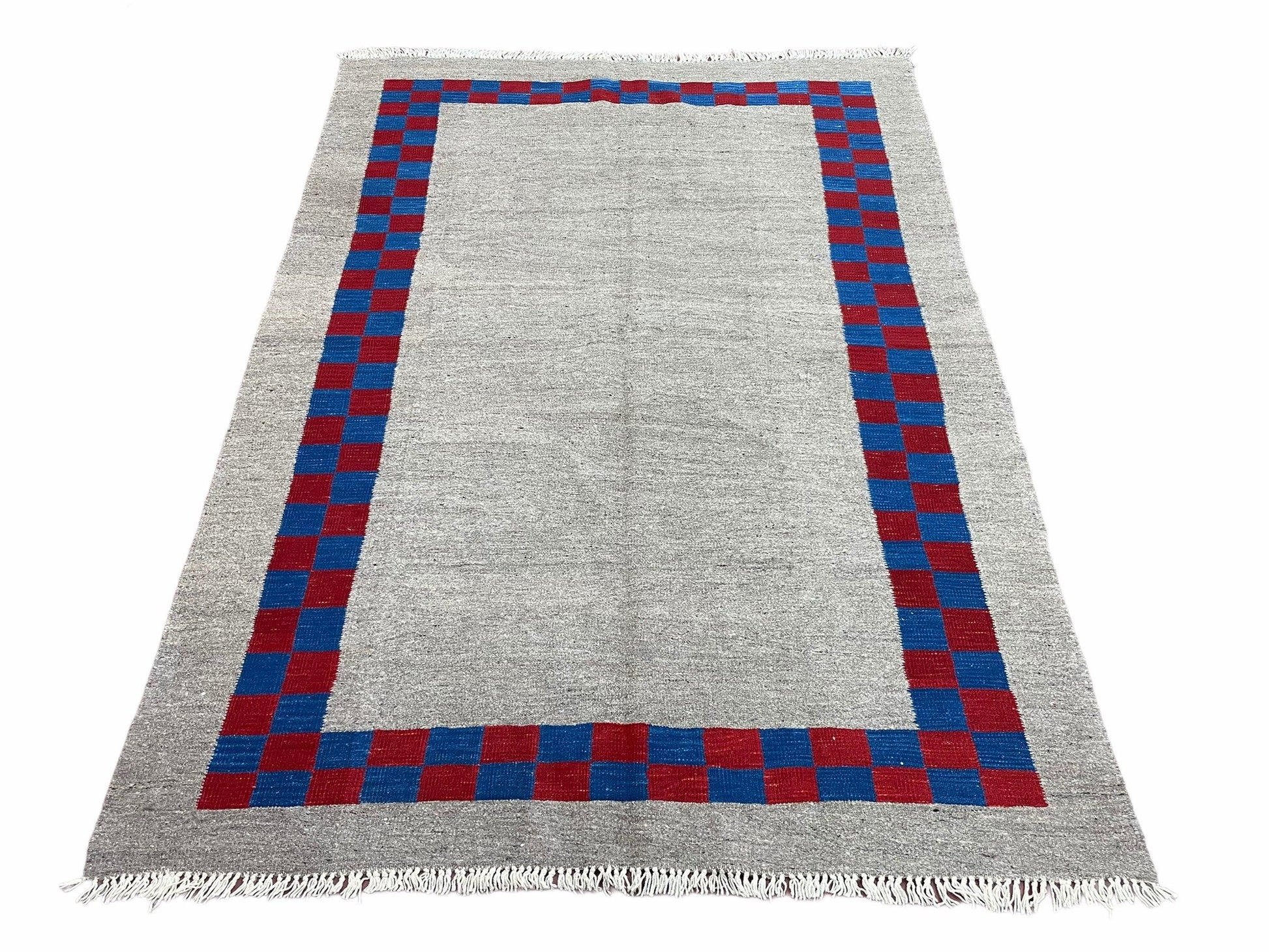 Gray Turkish Kilim Carpet 5' 7" x 7' 7", Medium Kilim Rug, Hand-Knotted, Blue & Red Border, Minimalistic Design, Geometric, Wool, New - Nuvé