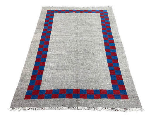 Gray Turkish Kilim Carpet 5' 7" x 7' 7", Medium Kilim Rug, Hand-Knotted, Blue & Red Border, Minimalistic Design, Geometric, Wool, New - Nuvé