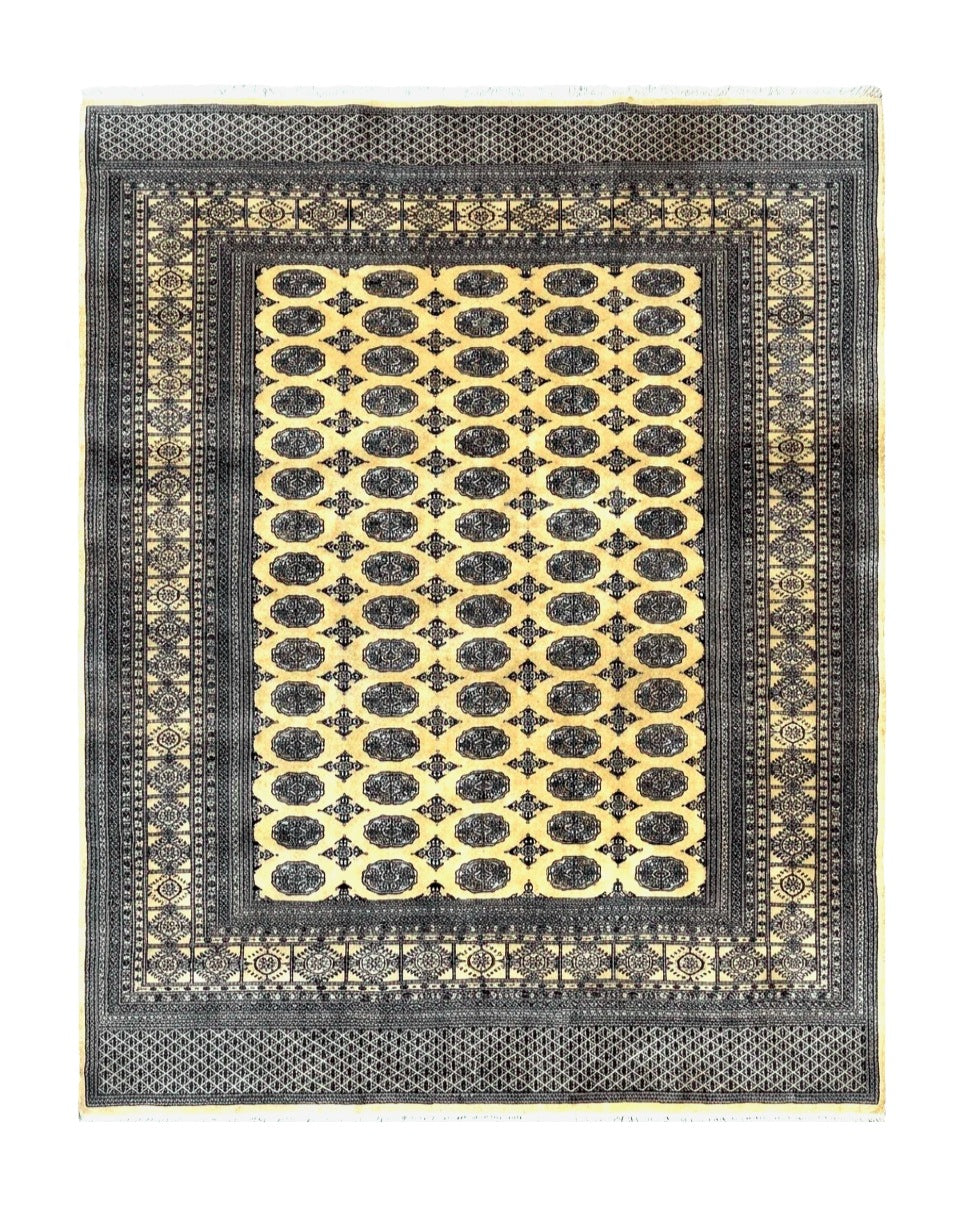 Pakistani Bokhara Turkoman Rug 9x11, Cream, Handmade Wool Vintage Carpet