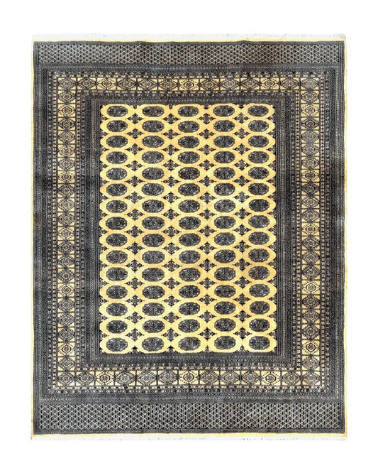 Pakistani Bokhara Turkoman Rug 9x11, Cream, Handmade Wool Vintage Carpet
