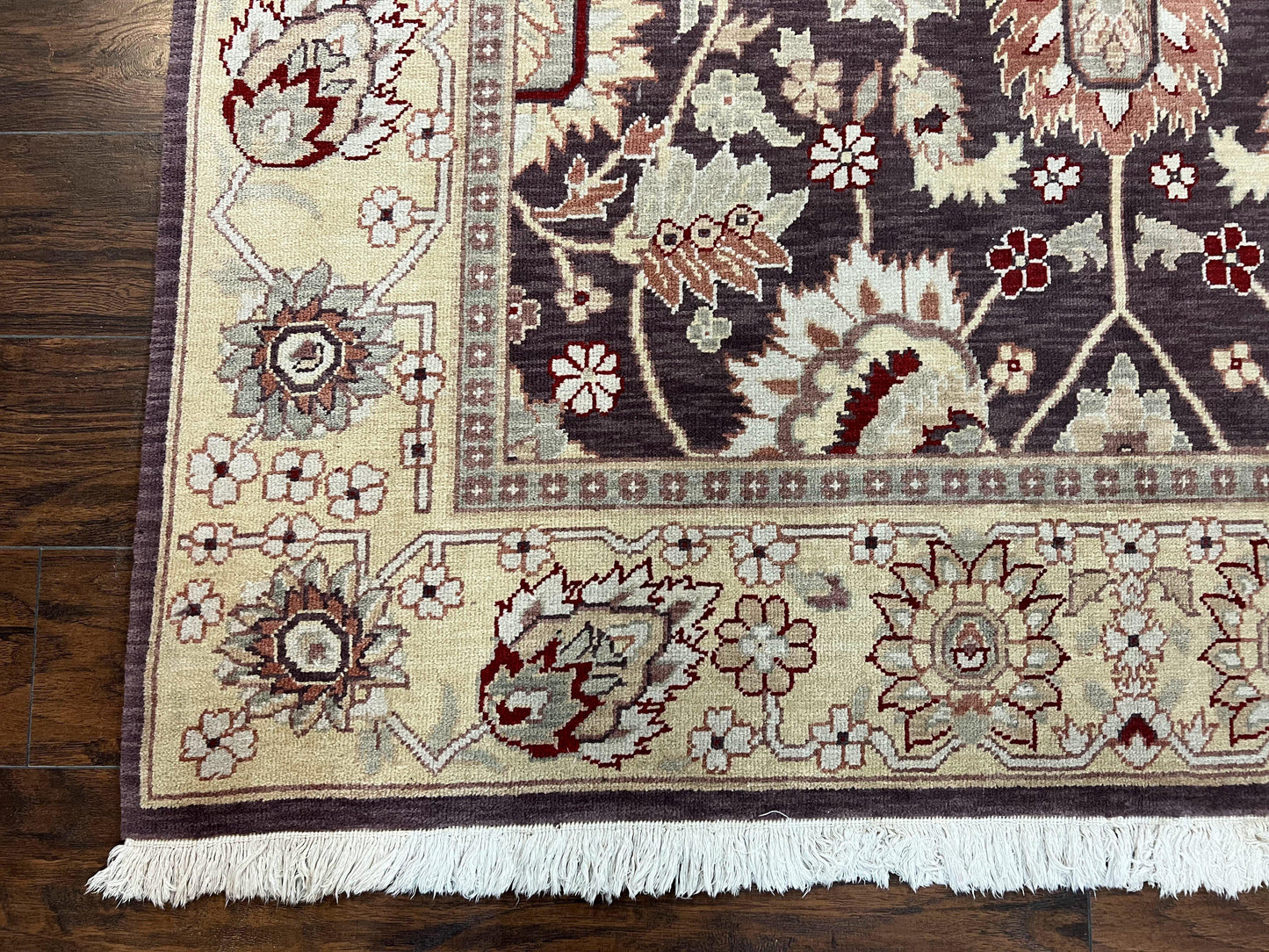 Vintage Indo Mahal Area Rug 6x9, Indian Persian Oriental Carpet 6 x 9, Puce Eggplant Tan Beige Rug, Hand-Knotted, Large Floral Design Wool - Nuvé