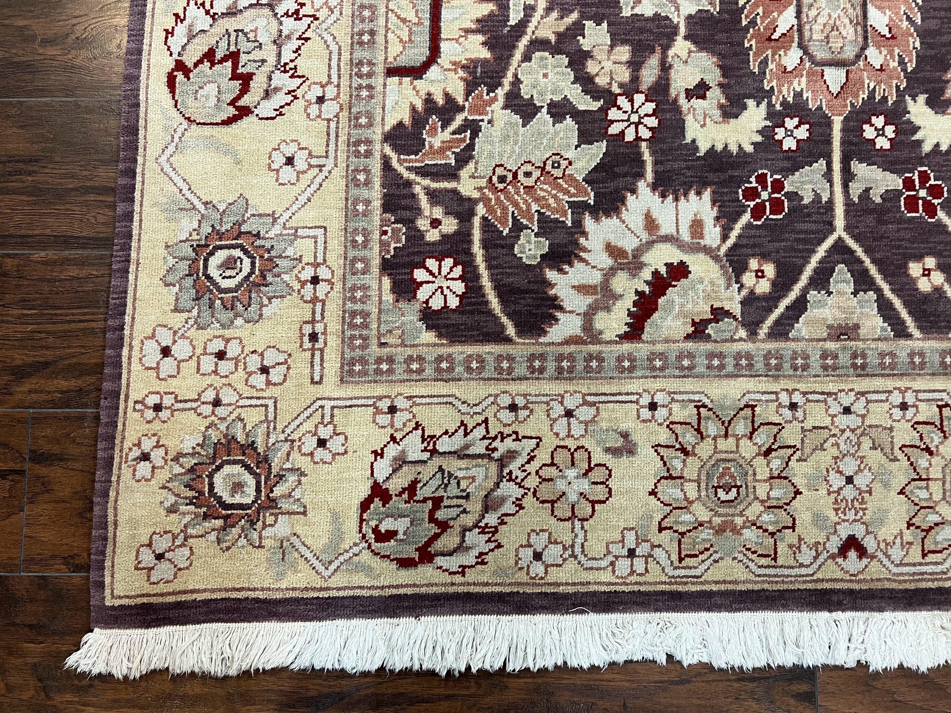 Vintage Indo Mahal Area Rug 6x9, Indian Persian Oriental Carpet 6 x 9, Puce Eggplant Tan Beige Rug, Hand-Knotted, Large Floral Design Wool - Nuvé