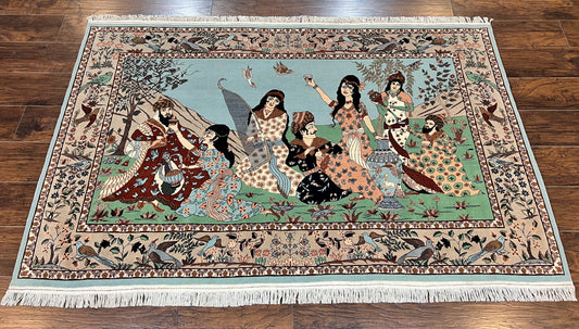 Indo Persian Pictorial Rug 4x7, Handmade Hand Knotted Wool Semi Antique Horizontal Carpet, Men & Women Drinking, Fine Rug, Bird Pictorials - Nuvé