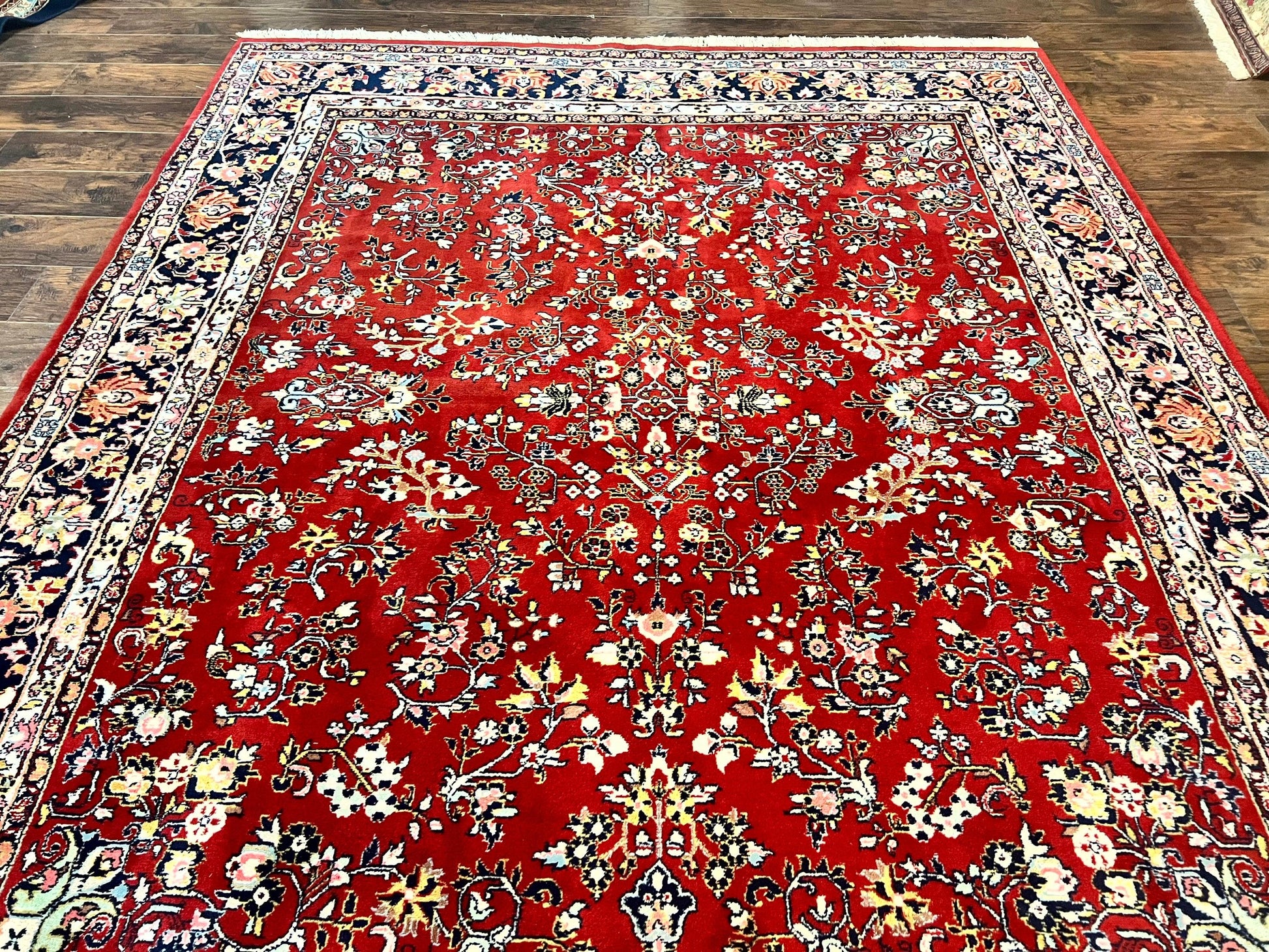 Indo Persian Sarouk Rug 8x10, Red, Floral Allover, Handmade Vintage Wool Carpet, Traditional Rug - Nuvé