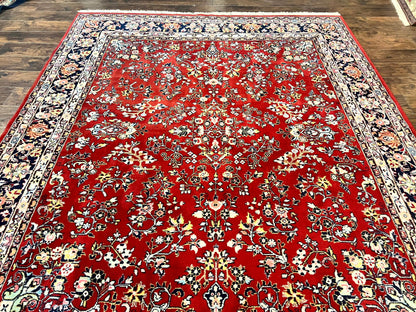 Indo Persian Sarouk Rug 8x10, Red, Floral Allover, Handmade Vintage Wool Carpet, Traditional Rug - Nuvé