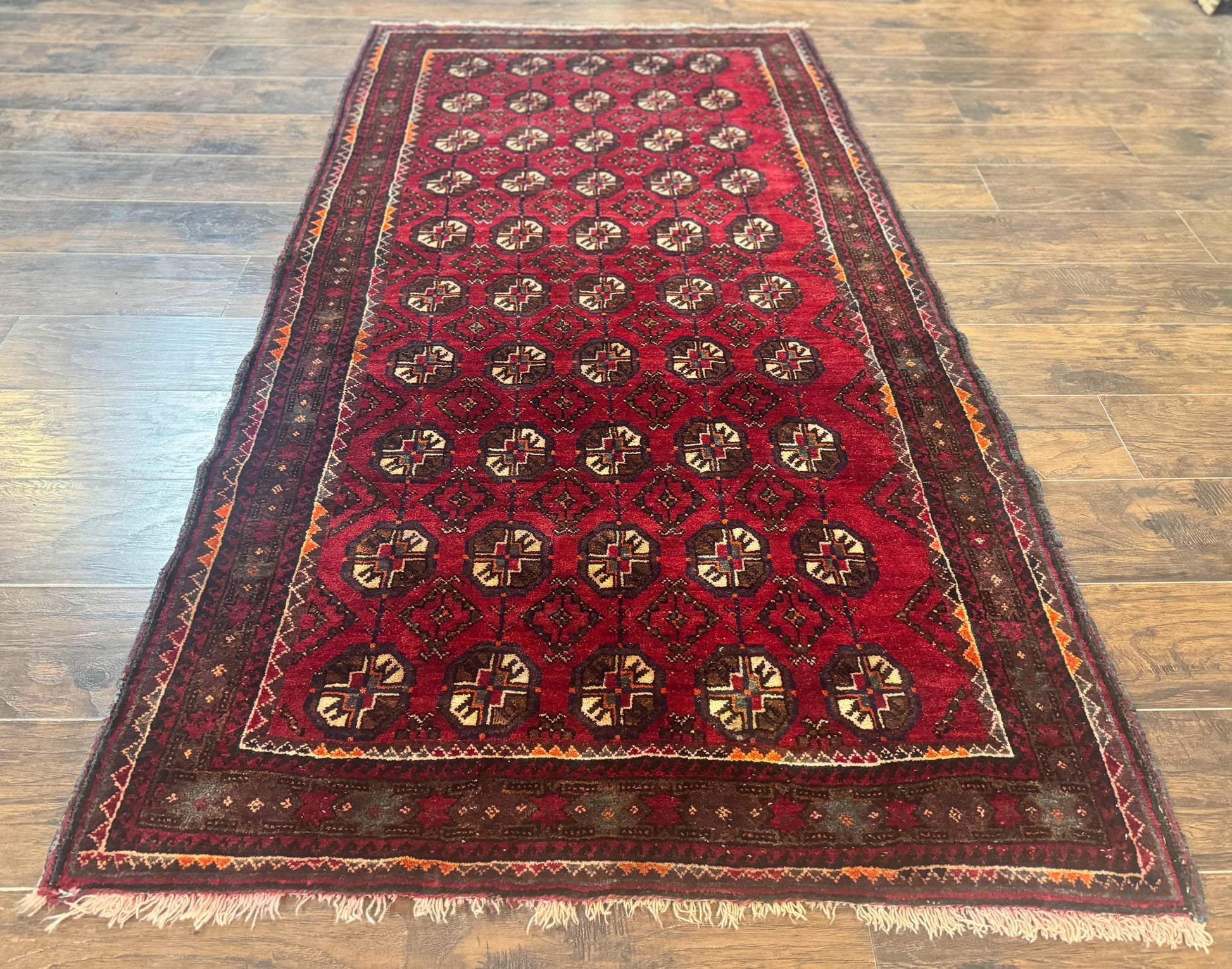 Persian Turkoman Tribal Rug 4x8, Handmade Vintage Wool Carpet, Red, Bohemian Rug - Nuvé
