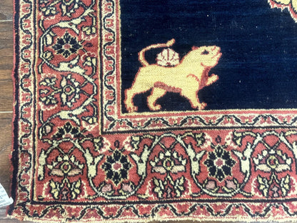 Antique Persian Mashad Rug 4x6, Semi Open Field, Navy Blue, Lion Pictorials, Triple Medallion, Dorokhsh Rug - Nuvé