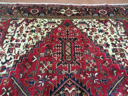 Wonderful Persian Heriz Rug 8.6 x 11, Geometric Heriz Carpet, Semi Antique Decorative Area Rug, Red Ivory Dark Blue Handmade Wool Room Sized - Nuvé