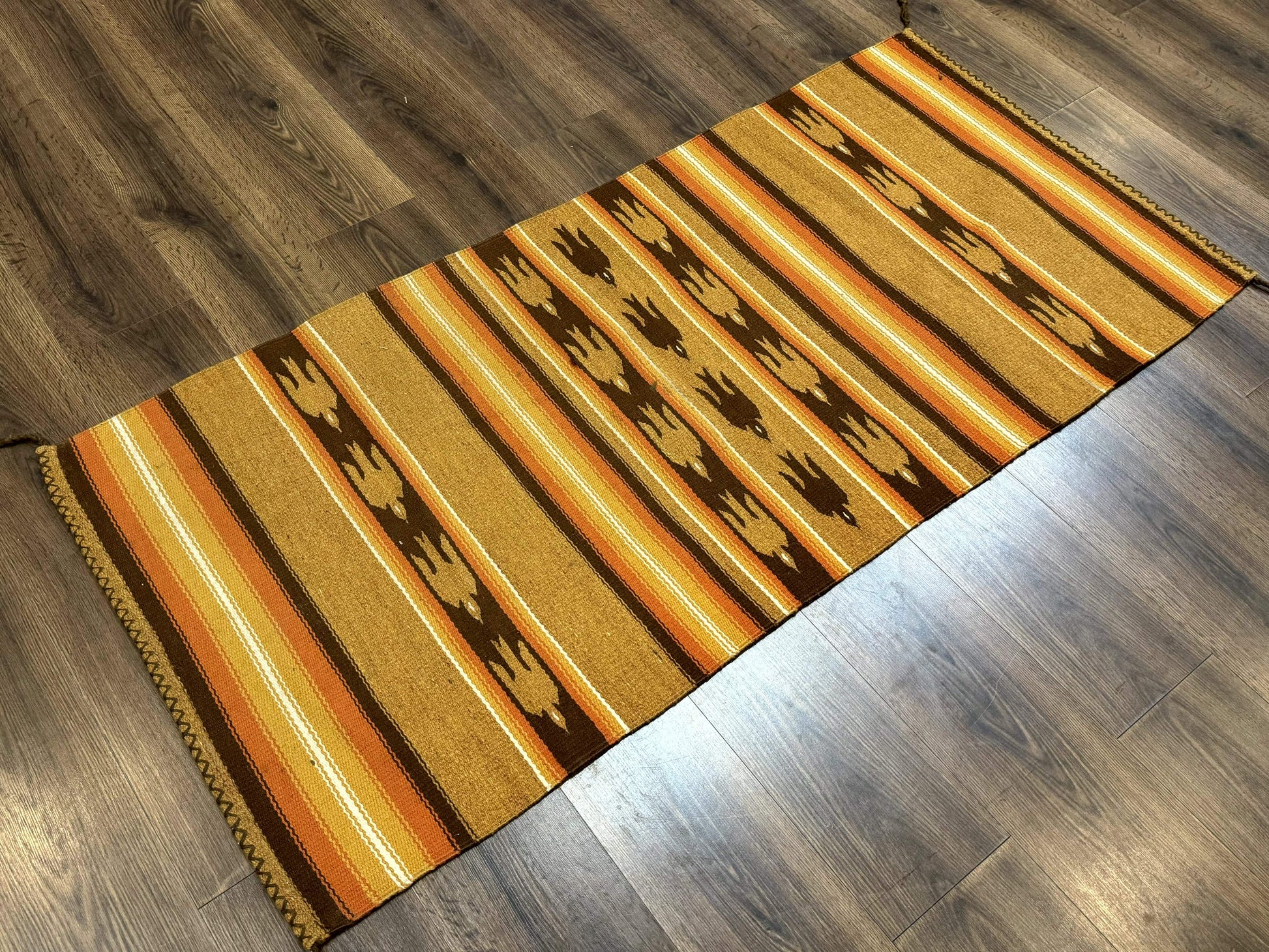 South American Rug Blanket 2.7 x 5.6, Wool, Handmade, Navajo Design, Orange Brown - Nuvé