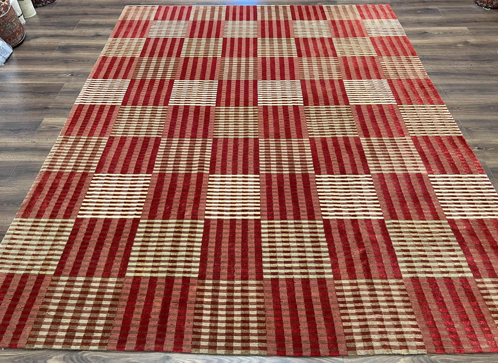 Modern Tibetan Rug 8x10, Hand Knotted Contemporary Nepali Carpet 8 x 10, Checkerboard Design, Red Cream Light Brown, Very Fine Wool & Silk - Nuvé