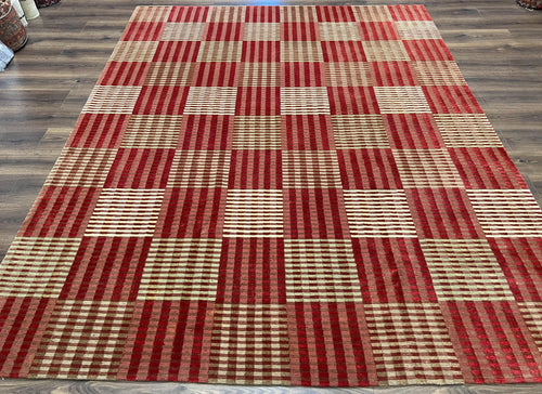 Modern Tibetan Rug 8x10, Hand Knotted Contemporary Nepali Carpet 8 x 10, Checkerboard Design, Red Cream Light Brown, Very Fine Wool & Silk - Nuvé