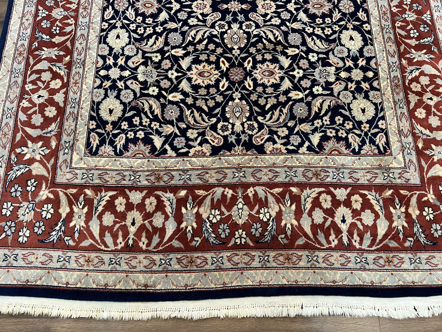 Indo Sarouk Rug 6x9, Vintage Indian Persian Rug, Wool Oriental Carpet, Navy Blue Red Allover Floral Rug, Traditional Very Fine Rug, Area Rug - Nuvé