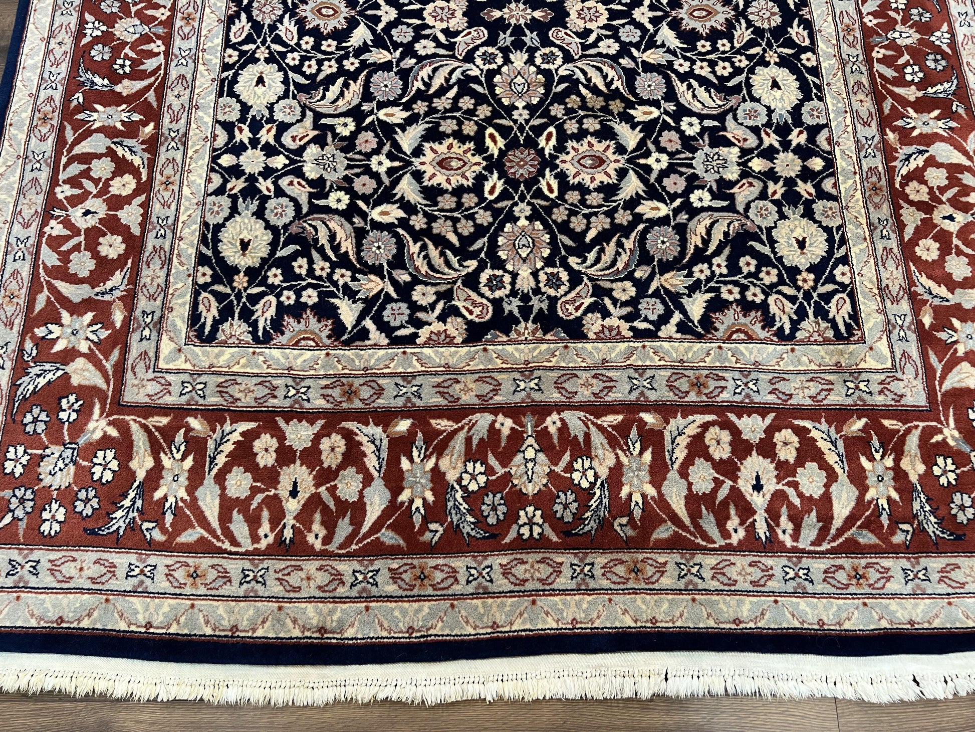 Indo Sarouk Rug 6x9, Vintage Indian Persian Rug, Wool Oriental Carpet, Navy Blue Red Allover Floral Rug, Traditional Very Fine Rug, Area Rug - Nuvé