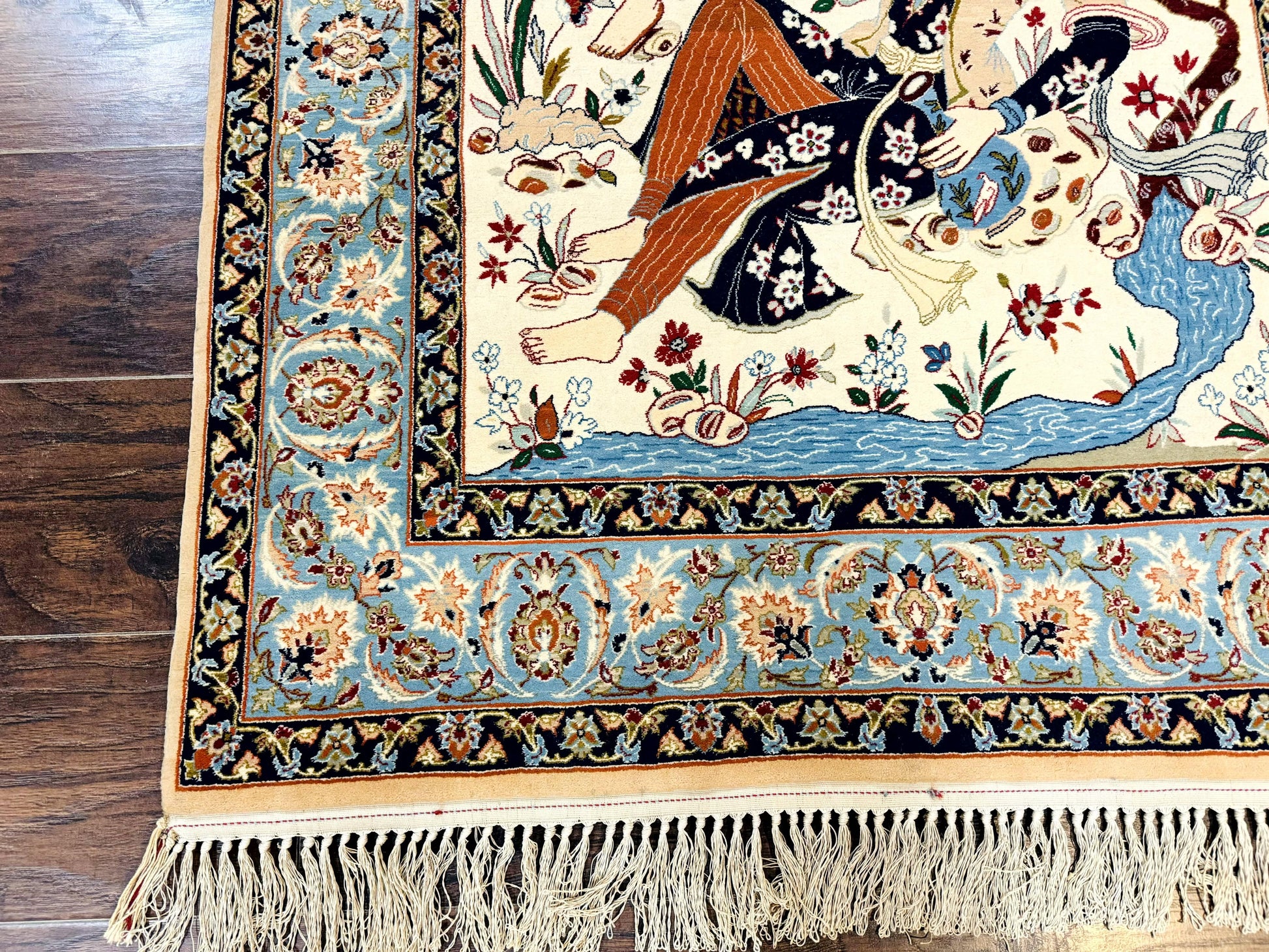 Persian Isfahan Pictorial Rug, Two Lovers, Kork Wool on Silk Foundation, Ivory and Light Blue, 500 KPSI Super Fine - Nuvé