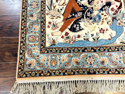Persian Isfahan Pictorial Rug, Two Lovers, Kork Wool on Silk Foundation, Ivory and Light Blue, 500 KPSI Super Fine - Nuvé