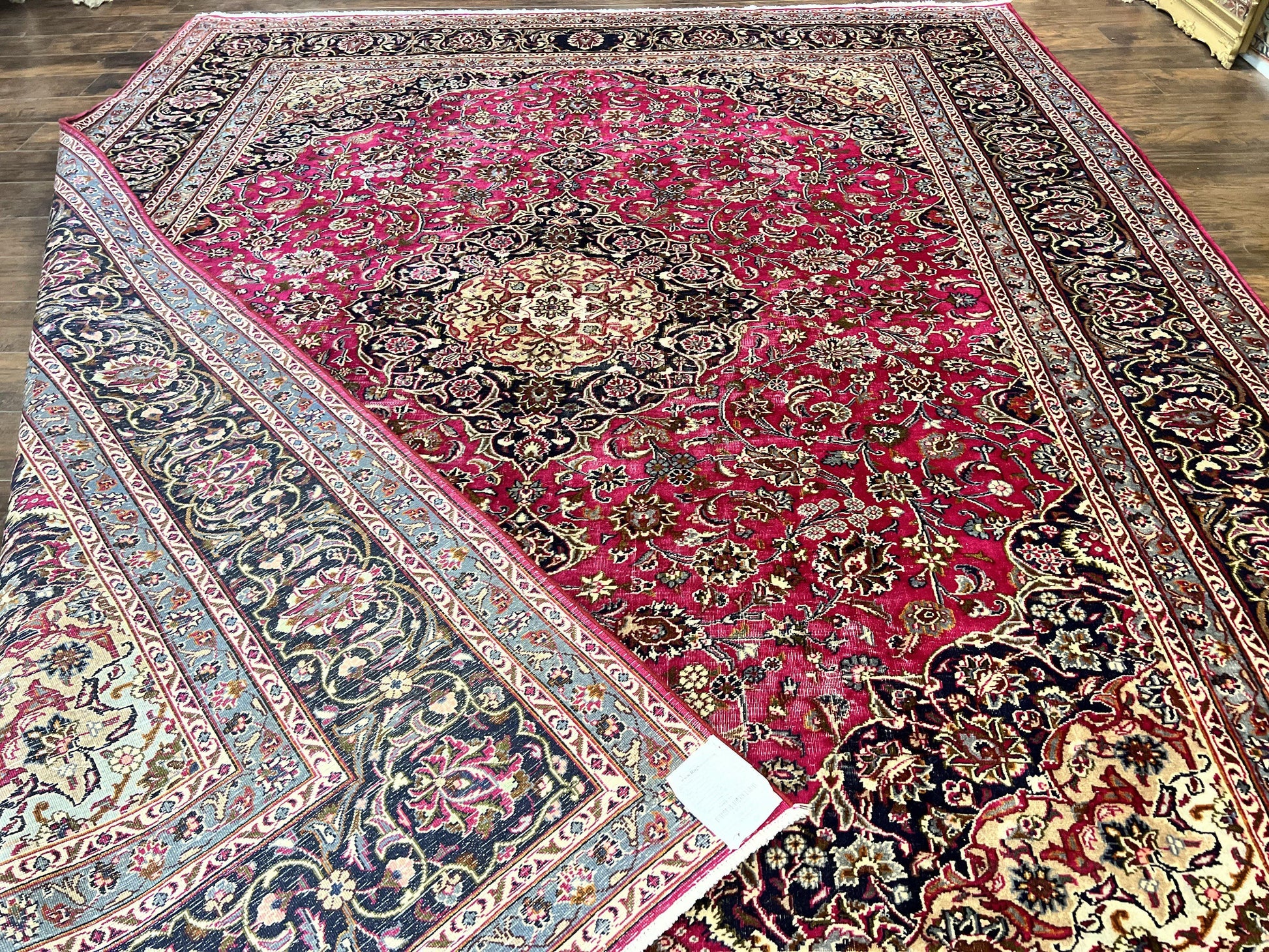 Persian Rug 10x13, Wool Hand Knotted Antique Kashmar Carpet, Raspberry Red & Navy Blue, Floral Medallion, Traditional Oriental Rug 10 x 13 - Nuvé