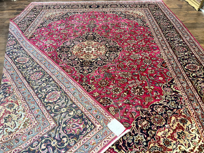 Persian Rug 9' 9" x 12' 6", Wool Hand Knotted Antique Carpet, Raspberry Red & Navy Blue, Floral Medallion, Traditional Oriental Rug