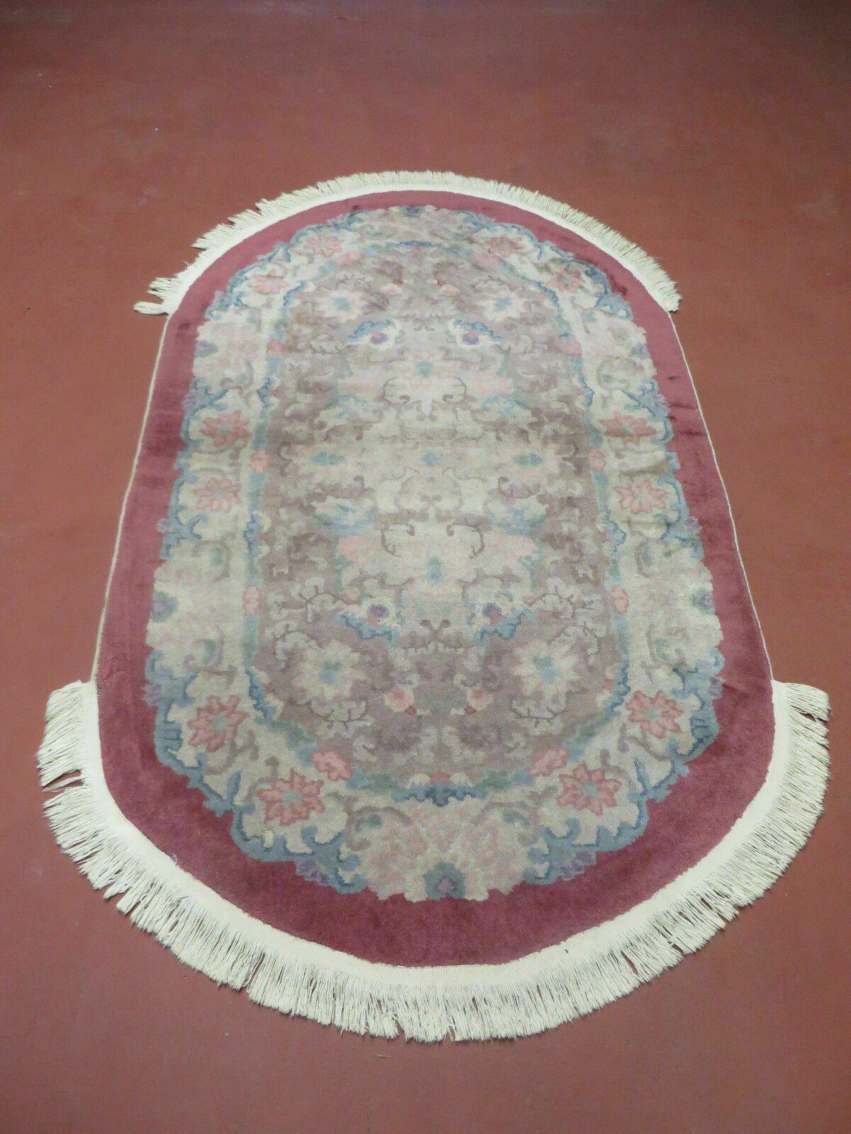 Oval Chinese Art Deco Rug 3x5 Vintage Wool Carpet - Nuvé