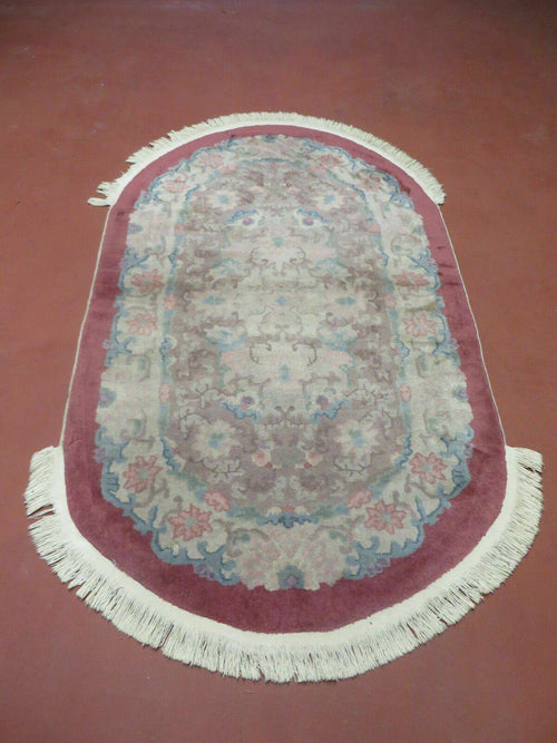 Oval Chinese Art Deco Rug 3x5 Vintage Wool Carpet - Nuvé