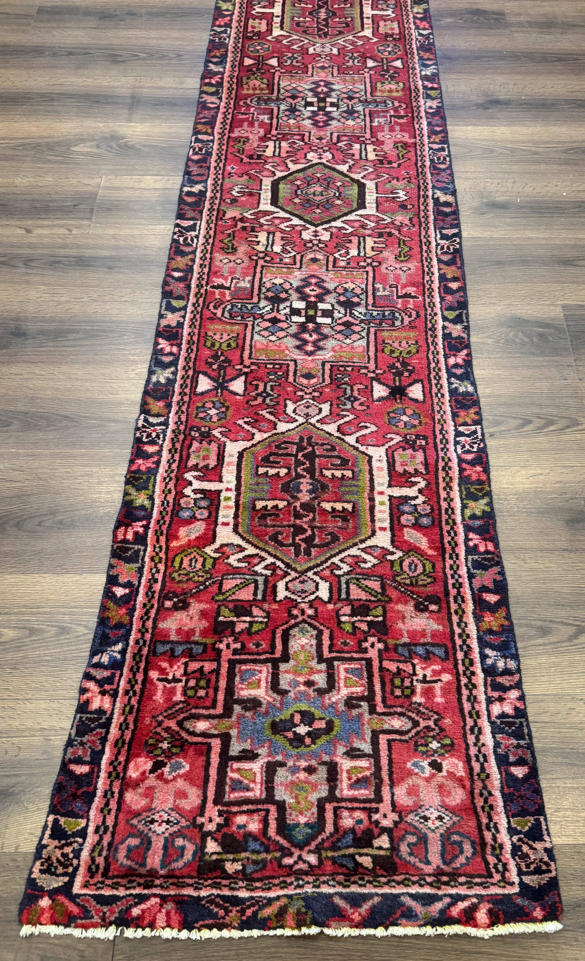 Persian Heriz Karajeh Runner Rug 2x9, Geometric Medallions, Red Navy Blue, 2 x 9 Rug for Hallway - Nuvé