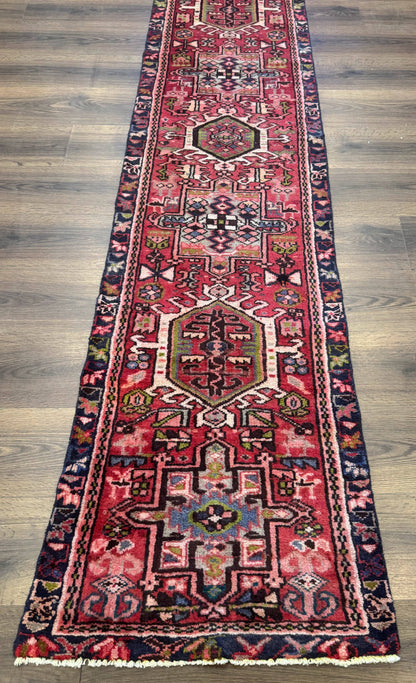 Persian Heriz Karajeh Runner Rug 2x9, Geometric Medallions, Red Navy Blue, 2 x 9 Rug for Hallway - Nuvé