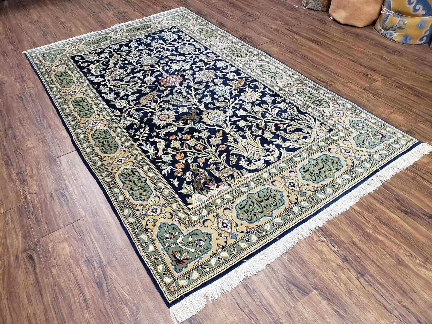 Semi Antique Persian Qum Tree of Life Rug, Hand-Knotted, Wool, Midnight Blue and Tan, Animal Pictorials, Written Poem in Borders, 4' 8" x 7' 8" - Nuvé