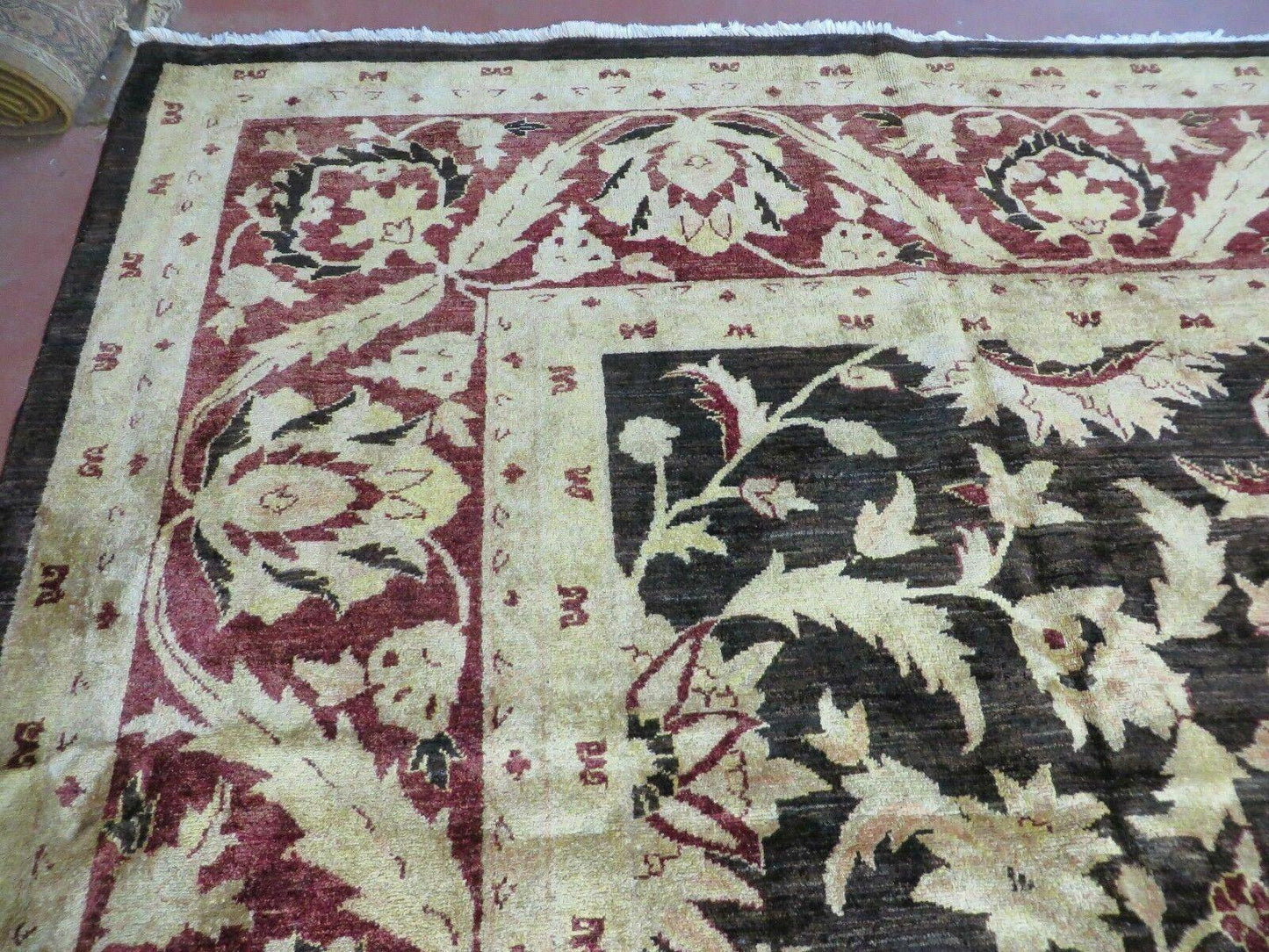 11' X 15' Vintage Hand Knotted Indian Agra Wool Rug Hand Made Dark Brown Floral - Nuvé