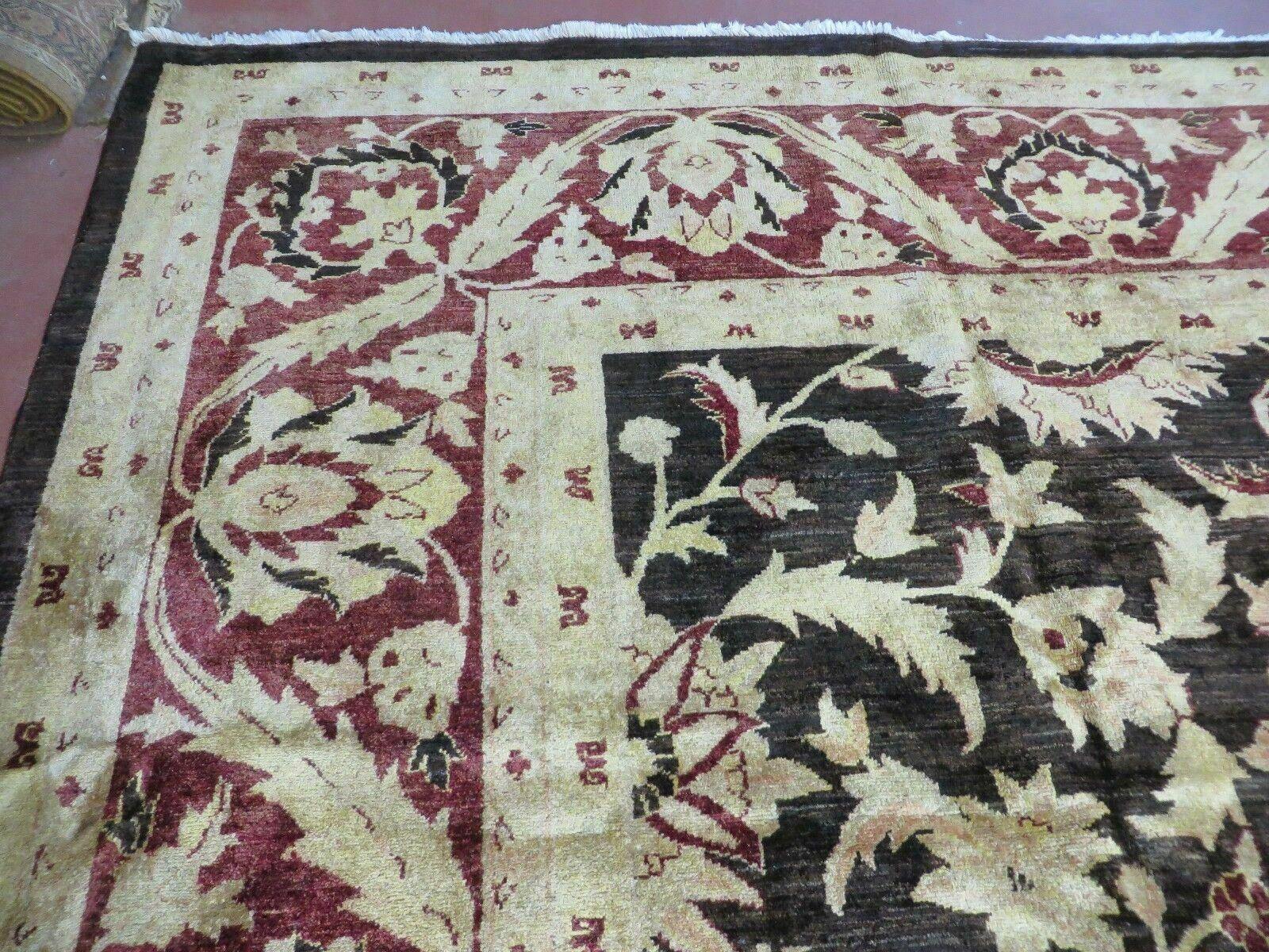 11' X 15' Vintage Hand Knotted Indian Agra Wool Rug Hand Made Dark Brown Floral - Nuvé