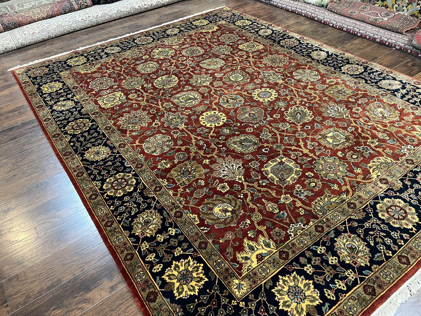 Indo Persian Rug 9x12, Hand Knotted Traditional Indian Wool Oriental Carpet 9 x 12 ft, Maroon and Navy Blue, Floral Allover 9x12 Vintage Rug - Nuvé