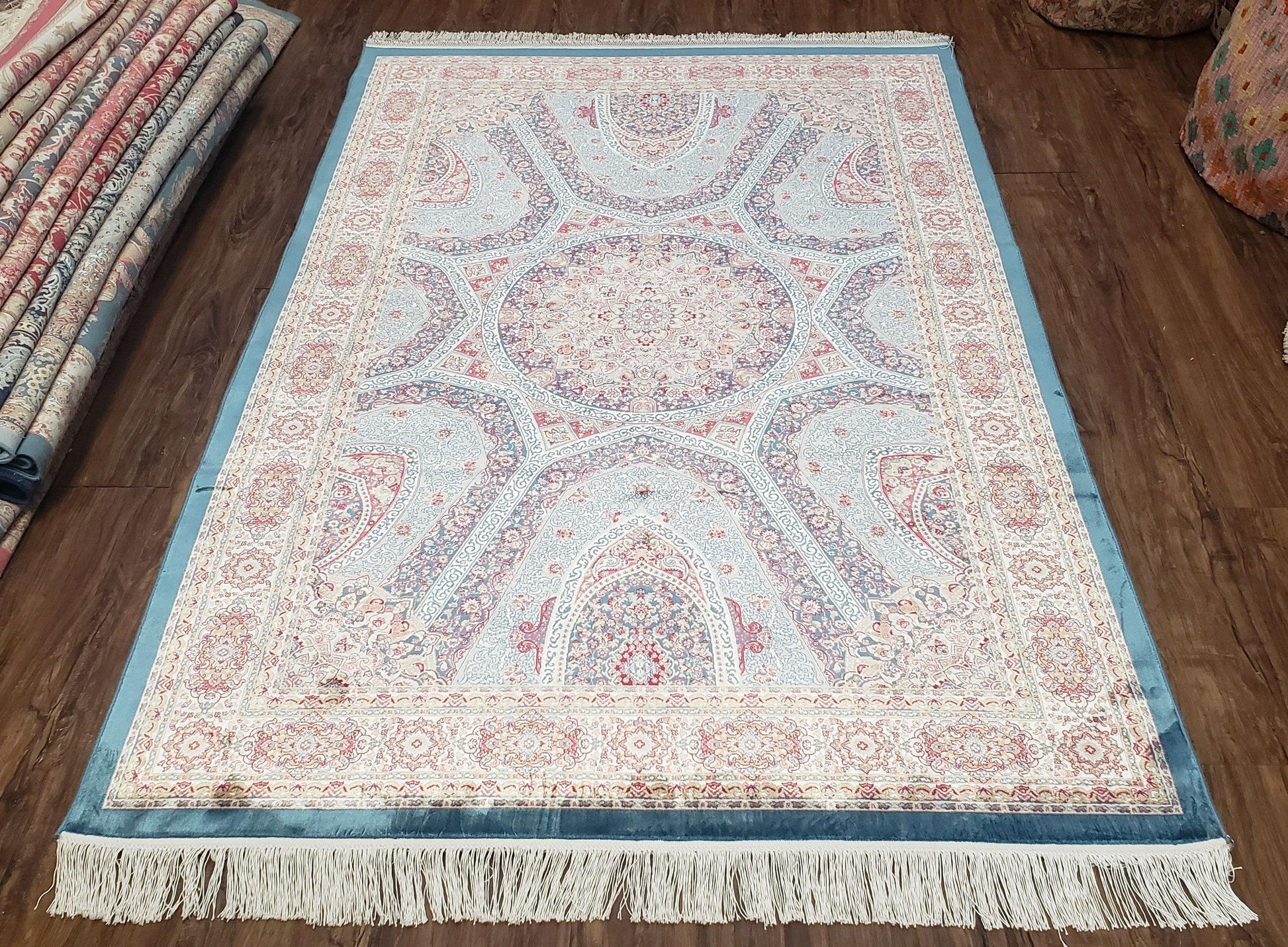 4x6 Silk Carpet, Light Blue & Beige Oriental Rug 4 x 6ft, Traditional Design Medallion All Over, Bamboo Silk, Super Fine, High Quality, Soft - Nuvé