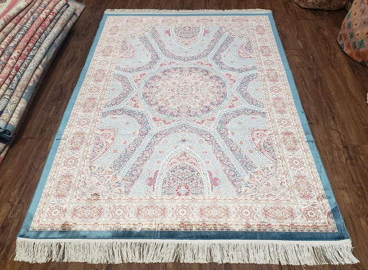 4x6 Silk Carpet, Light Blue & Beige Oriental Rug 4 x 6ft, Traditional Design Medallion All Over, Bamboo Silk, Super Fine, High Quality, Soft - Nuvé
