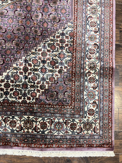 Indo Persian Bidjar Rug 8x10, Purple and Ivory Hand Knotted Wool Vintage Oriental Carpet, Herati Mahi Pattern, 8 x 10 Traditional Fine Rug - Nuvé