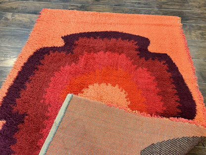 Danish Rya Shag Rug 4x6, Mid Century 1960s Retro Vintage Wool Rug, Shades of Red - Nuvé