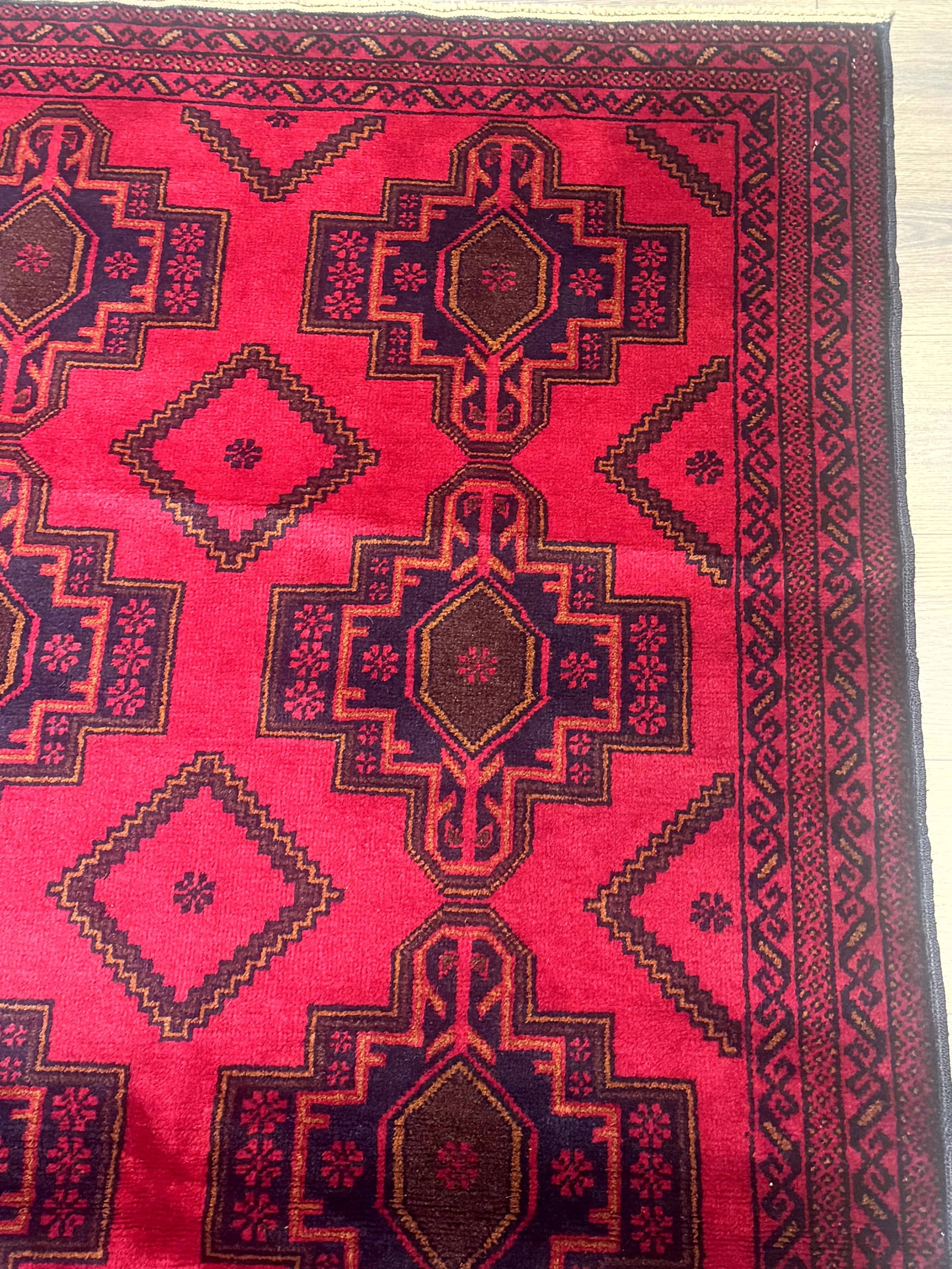 Afghan Rug 4x7, Tribal Carpet, Balouch Rug, Red and Navy Blue, Repeated Medallions, New - Nuvé