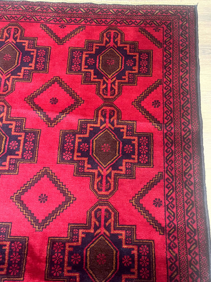 Afghan Rug 4x7, Tribal Carpet, Balouch Rug, Red and Navy Blue, Repeated Medallions, New - Nuvé