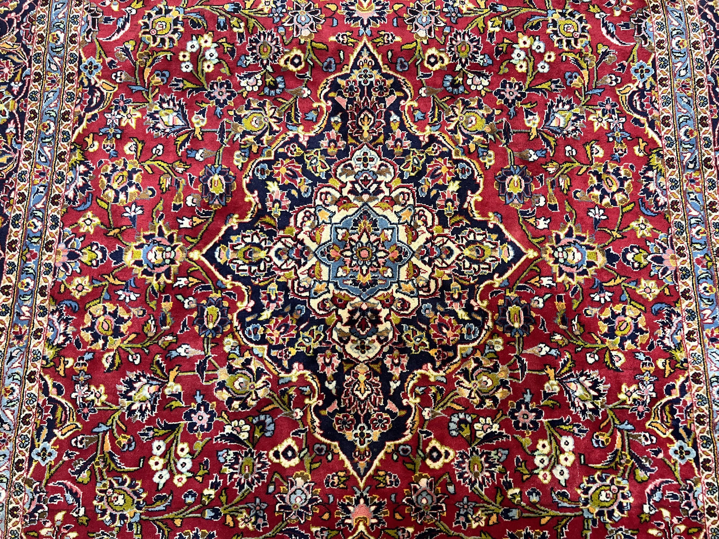 Persian Kashan Rug 9x12, Red Navy Blue, Allover Floral Medallion & Corner Design, Handmade Wool Oriental Carpet, Semi Antique Traditional Carpet - Nuvé
