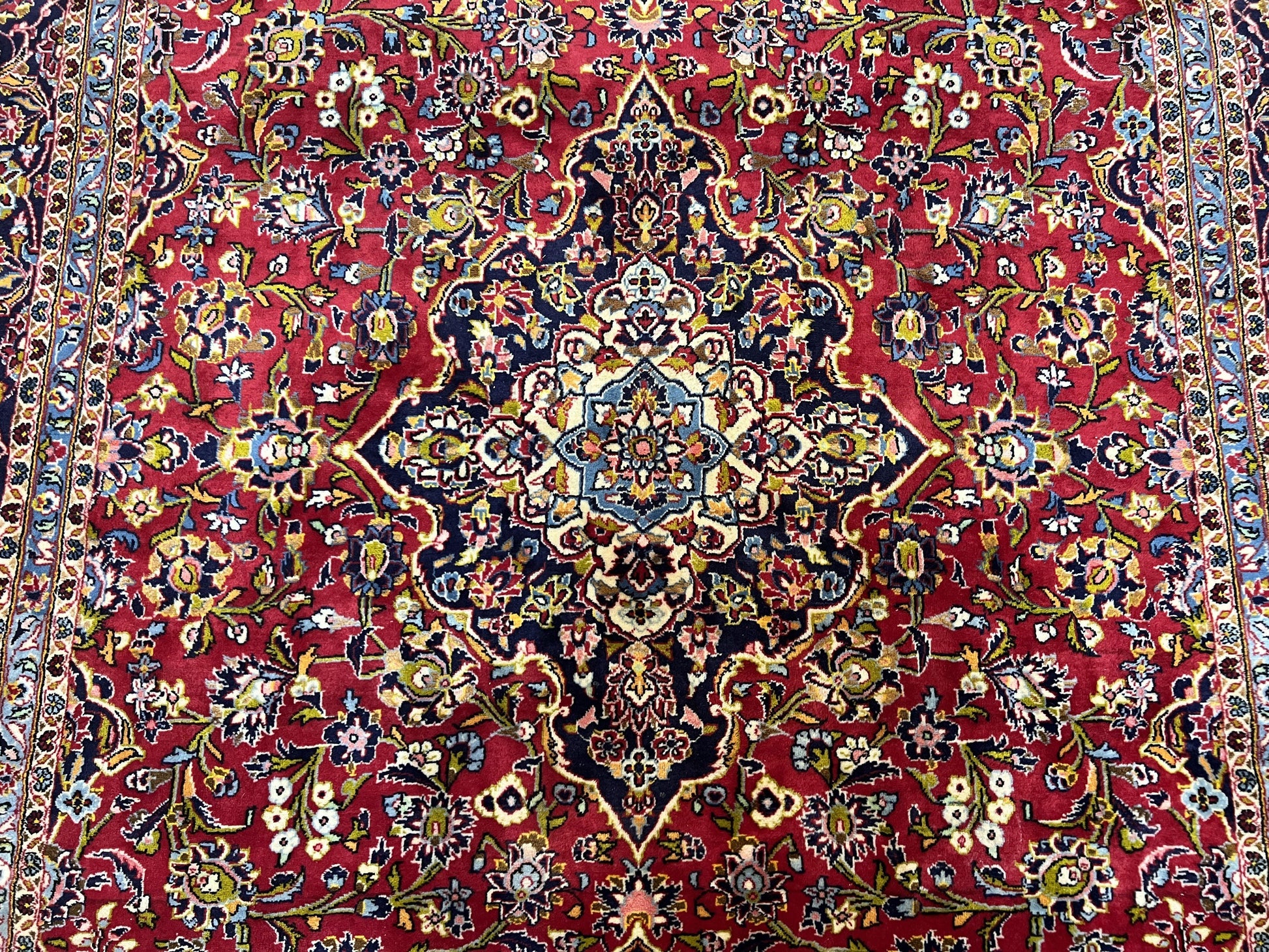 Persian Kashan Rug 9x12, Red Navy Blue, Allover Floral Medallion & Corner Design, Handmade Wool Oriental Carpet, Semi Antique Traditional Carpet - Nuvé