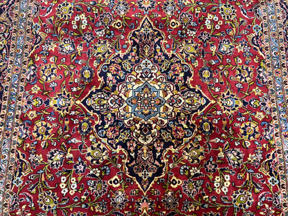 Persian Kashan Rug 9x12, Red Navy Blue, Allover Floral Medallion & Corner Design, Handmade Wool Oriental Carpet, Semi Antique Traditional Carpet - Nuvé