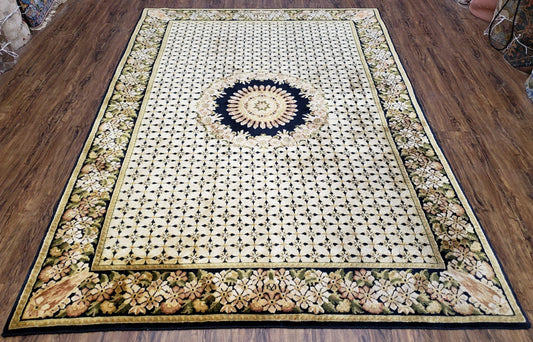 Indian Rug with Tibetan Weave, 6x8 - 6x9 Rugs, Indo-Tibetan Rug, Black and Cream Beige Tan, Floral Border, Soft Rug, Handmade Area Rug, Wool - Nuvé