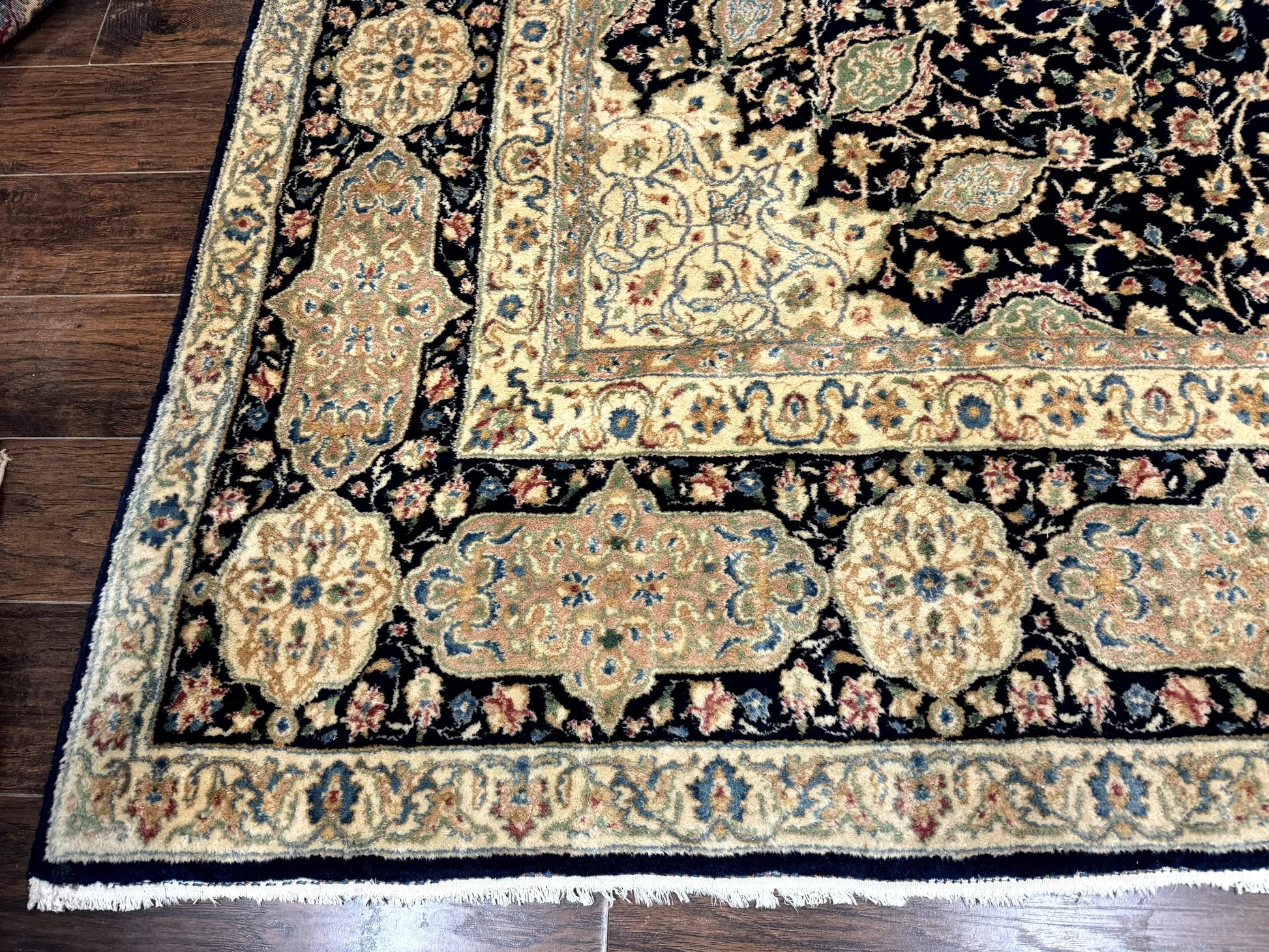 Large Persian Kerman Rug 10x14, Navy Blue and Beige, Floral Medallion, Traditional Elegant Persian Carpet, Signed by Masterweaver - Nuvé