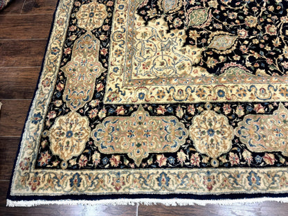 Large Persian Kerman Rug 10x14, Navy Blue and Beige, Floral Medallion, Traditional Elegant Persian Carpet, Signed by Masterweaver - Nuvé