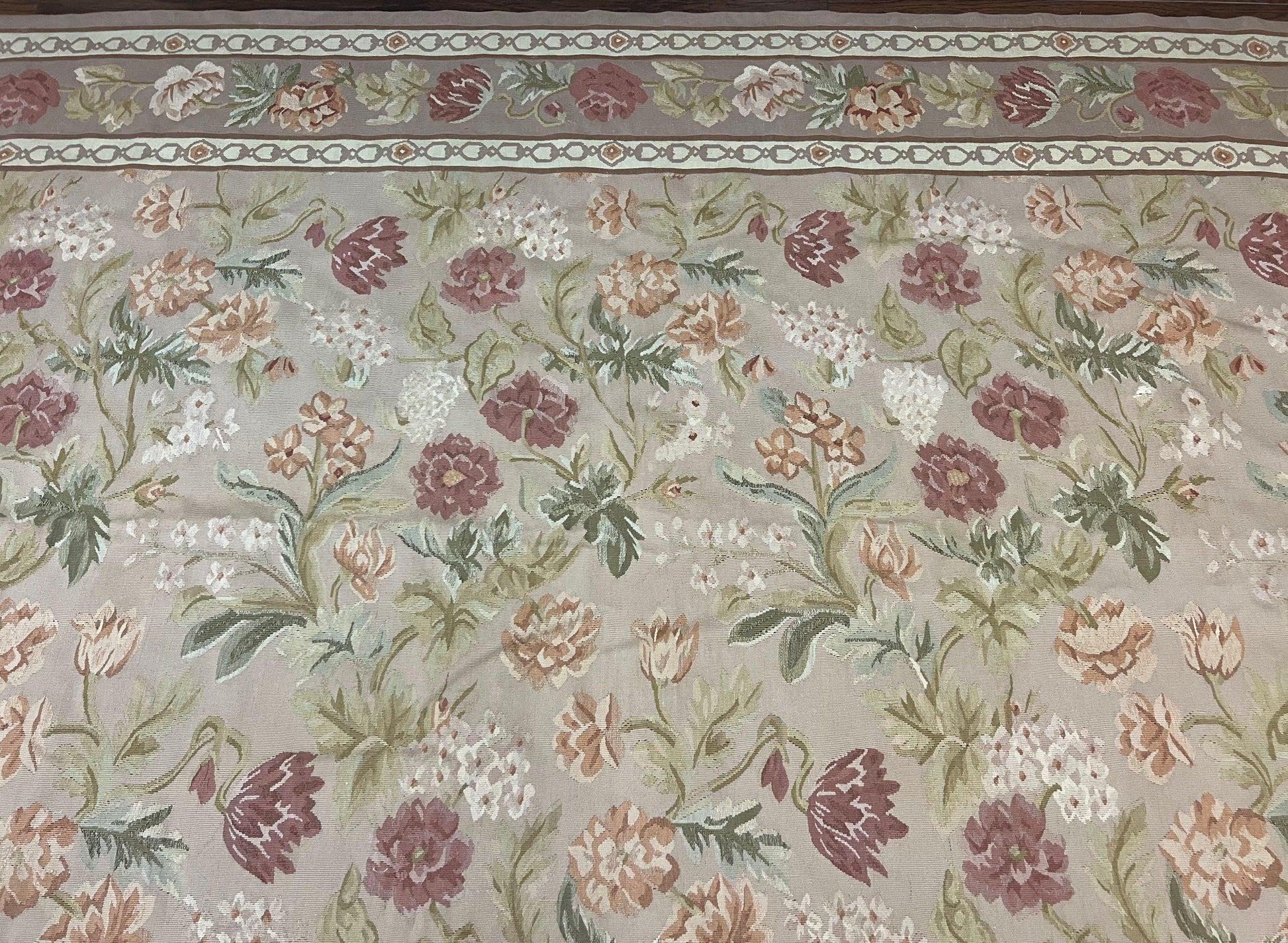 Aubusson Rug 9x12, Pink Beige Light Mauve, Handmade Allover Floral Roses, Wool Flatweave Carpet 9 x 12 ft, European French Design, Elegant - Nuvé