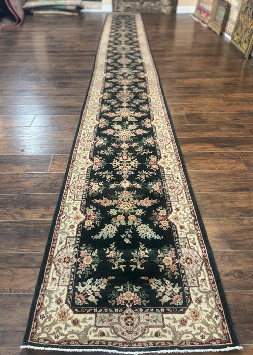 Long Pak Persian Runner Rug 2.7 x 21, Floral Allover, Dark Green and Beige, Handmade Wool Runner Rug, 21ft Runner for Hallway - Nuvé