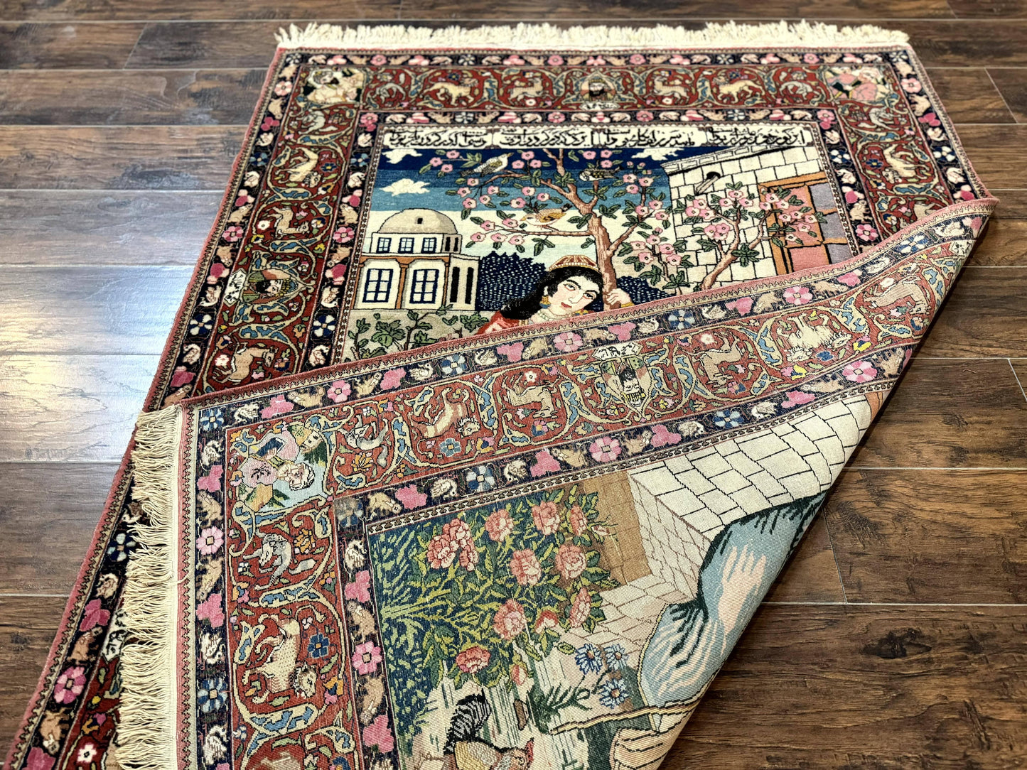 Wonderful Persian Kashan Pictorial Rug 4.7 x 6.5, Persian Rug for Wall Hanging, Handmade Antique Wool Carpet Animal Motifs Poetry Lovers, 240 KPSI - Nuvé
