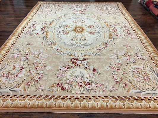 Aubusson Rug 9x12, Elegant Savonnerie Carpet 9 x 12 ft, Beige Ivory Tan, Floral, Flatweave Wool Handmade Area Rug 9 x 12 ft, European French - Nuvé