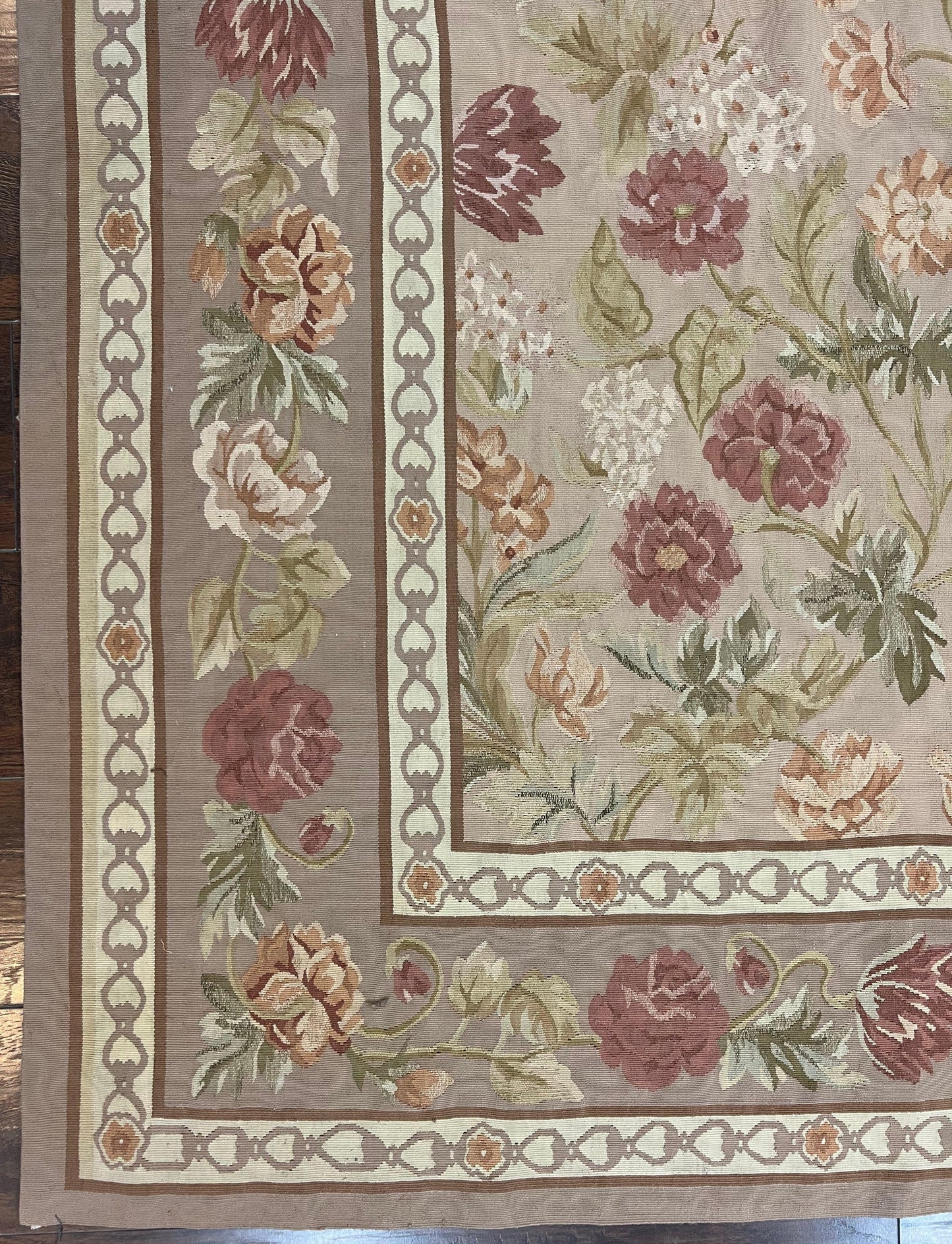 Aubusson Rug 9x12, Pink Beige Light Mauve, Handmade Allover Floral Roses, Wool Flatweave Carpet 9 x 12 ft, European French Design, Elegant - Nuvé