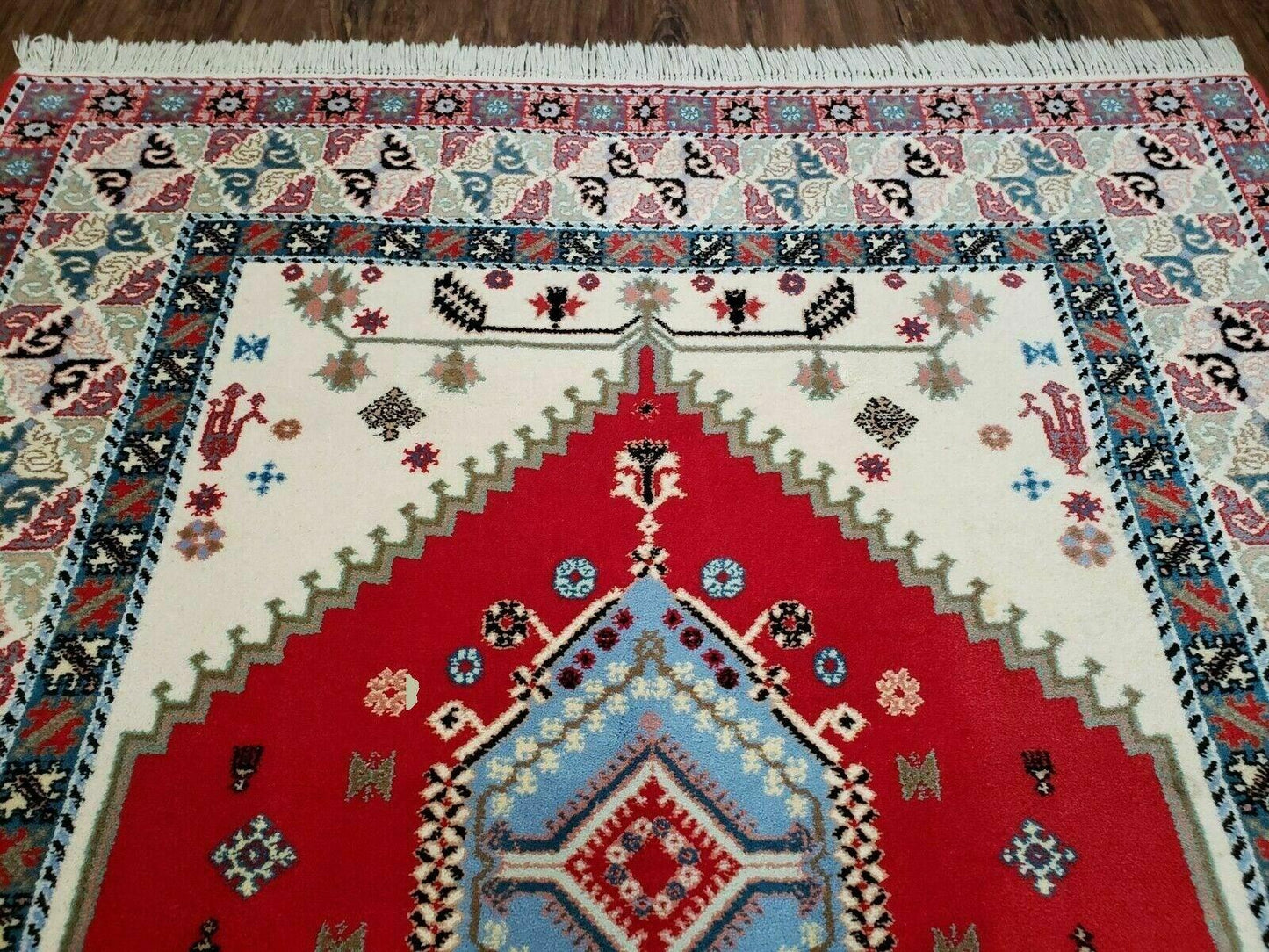 Vintage Moroccan Carpet 5x7 Area Rug, Berber Rug, Handmade Soft Wool Rug, Red Ivory and Blue, Geometric Medallion Rug, Bohemian Rug, Nice - Nuvé